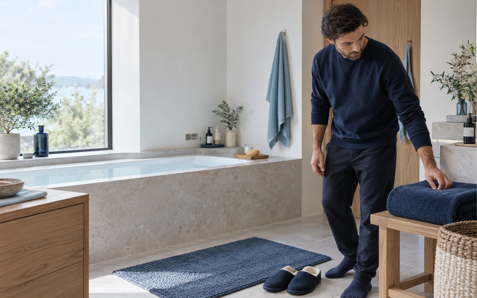 Salle de bains préparée avec serviettes sèches et tapis antidérapant avant un essai de froid à domicile.