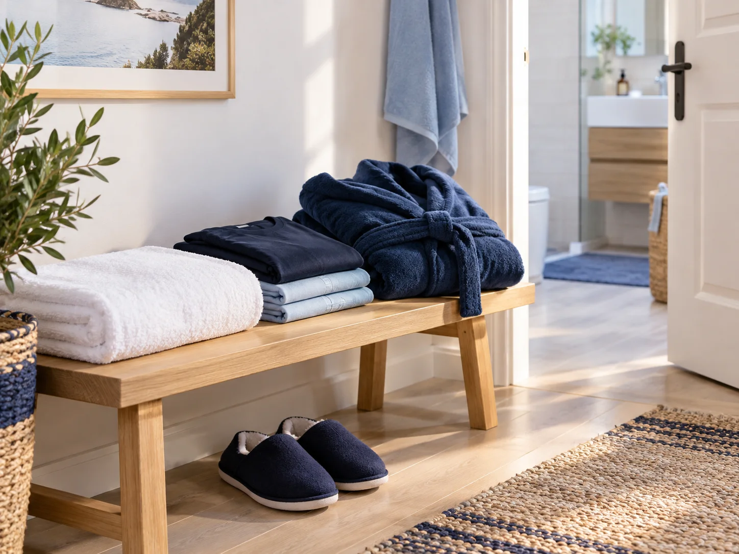 Vêtements secs et serviette préparés dans une pièce chauffée.