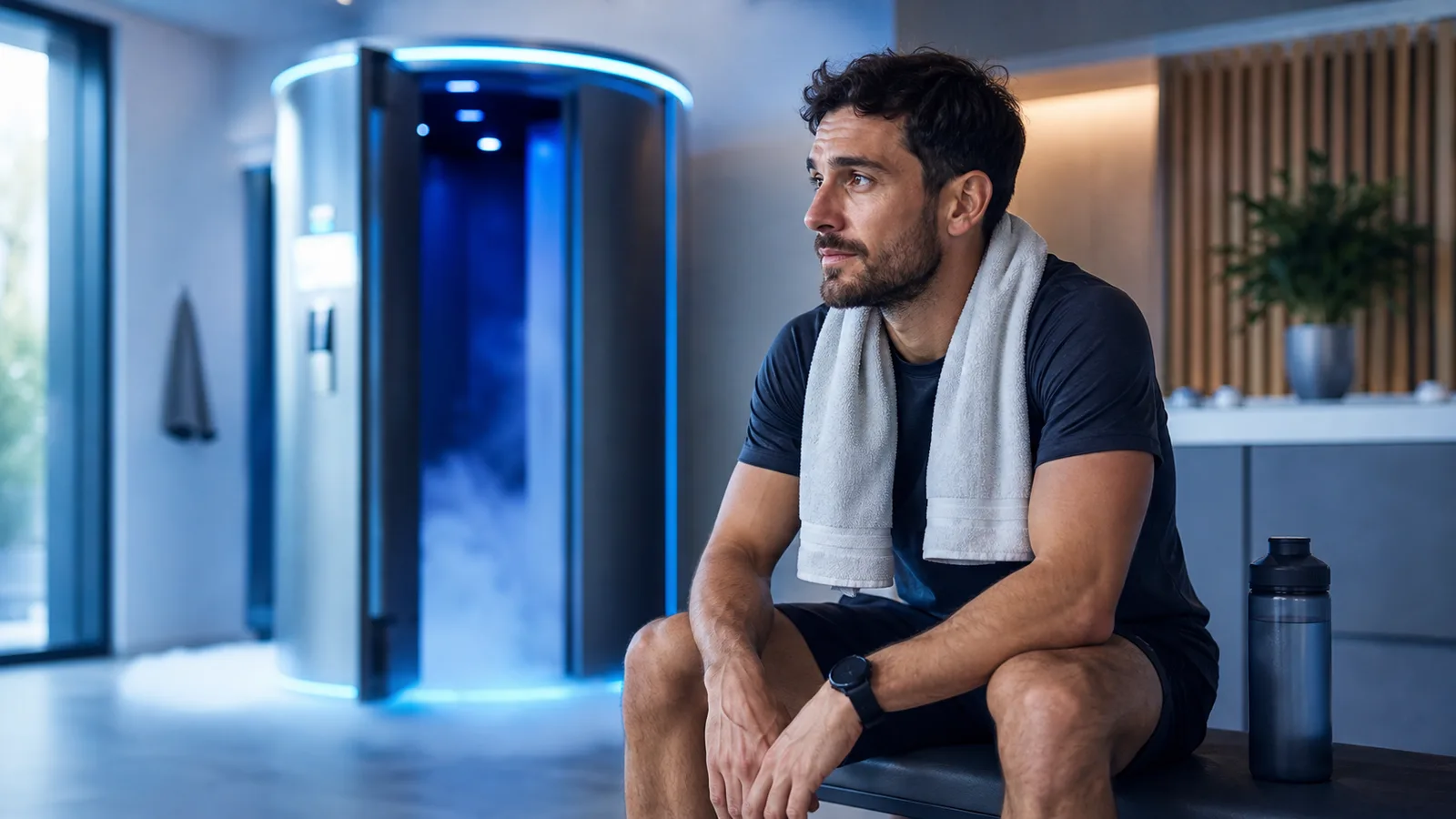 Sportif en récupération après un effort près d’une cabine de cryothérapie