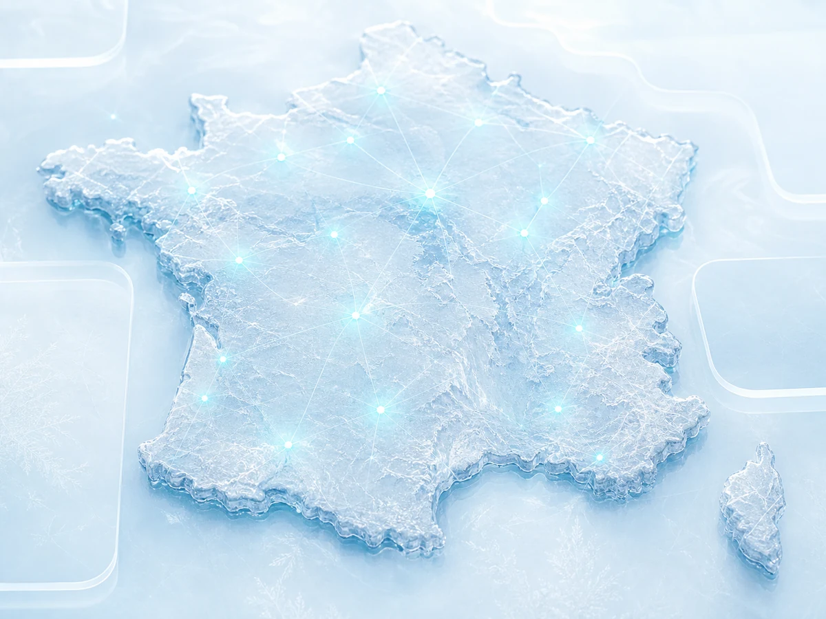 Carte de France en glace, points lumineux cyan marquant les régions où trouver une cabine de cryothérapie