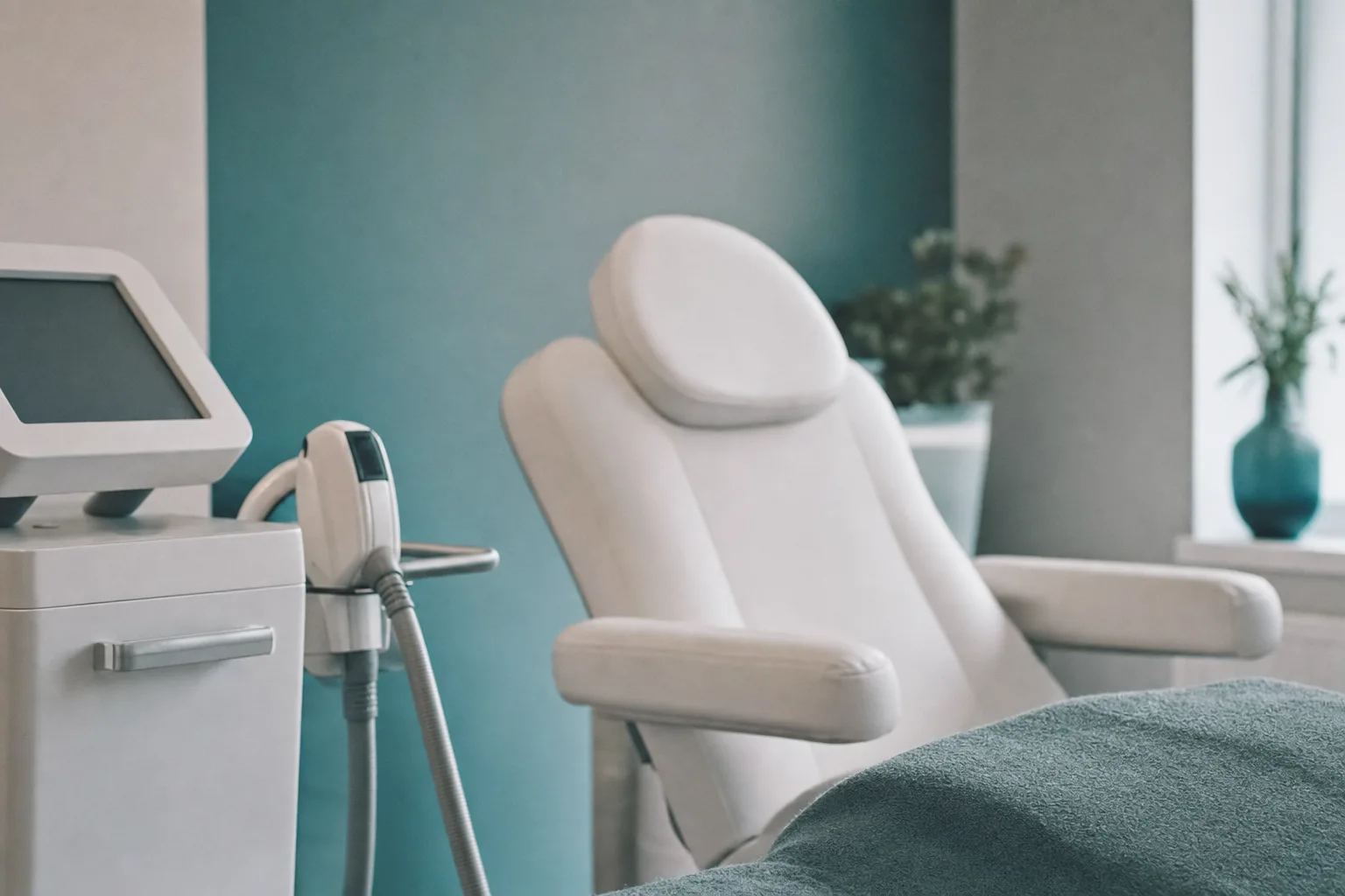 Cabinet de médecine esthétique avec fauteuil de soin et appareil de cryolipolyse, environnement médical encadré