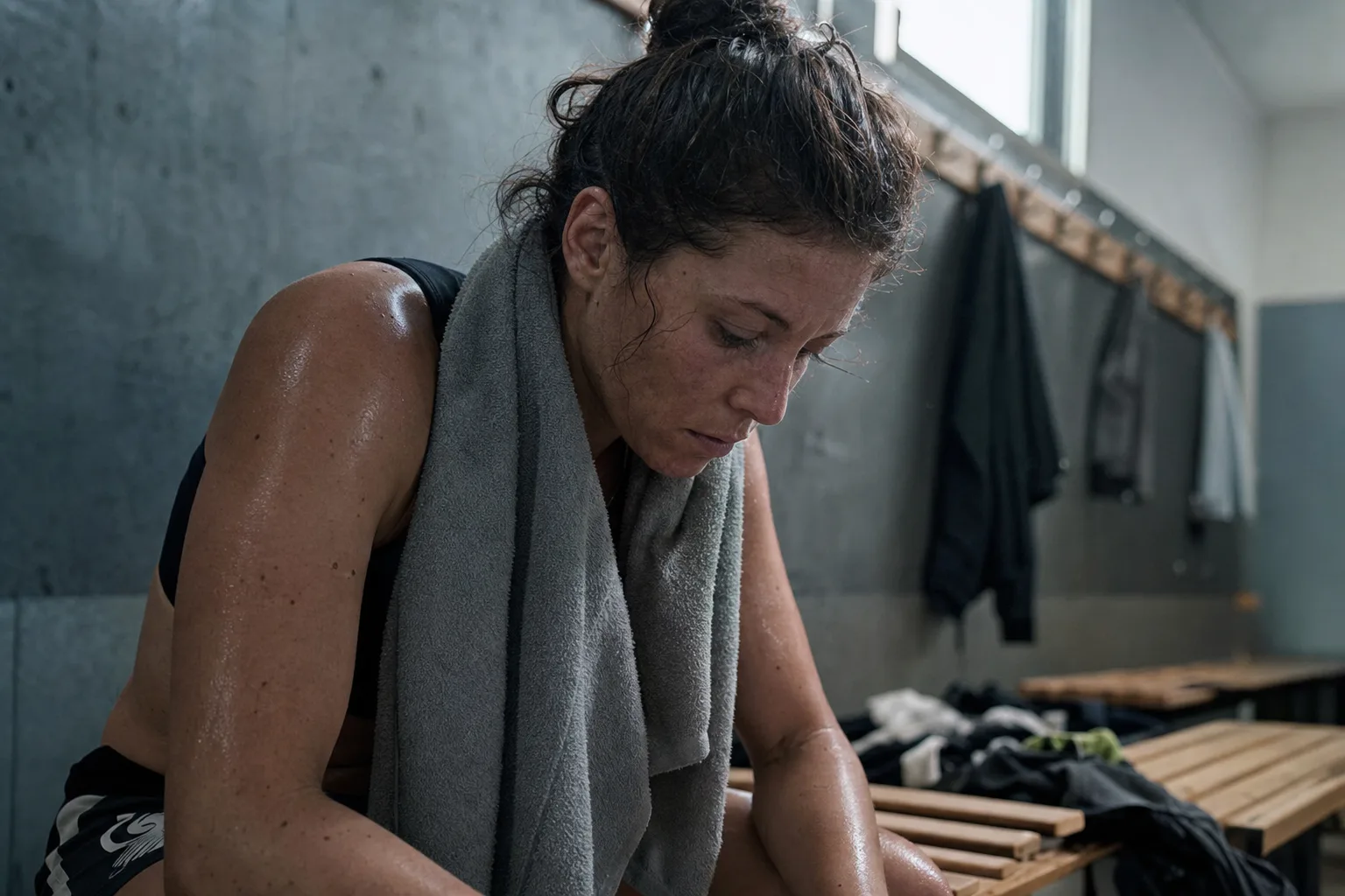 Sportive en récupération après l'effort, serviette sur l'épaule, assise sur un banc de vestiaire