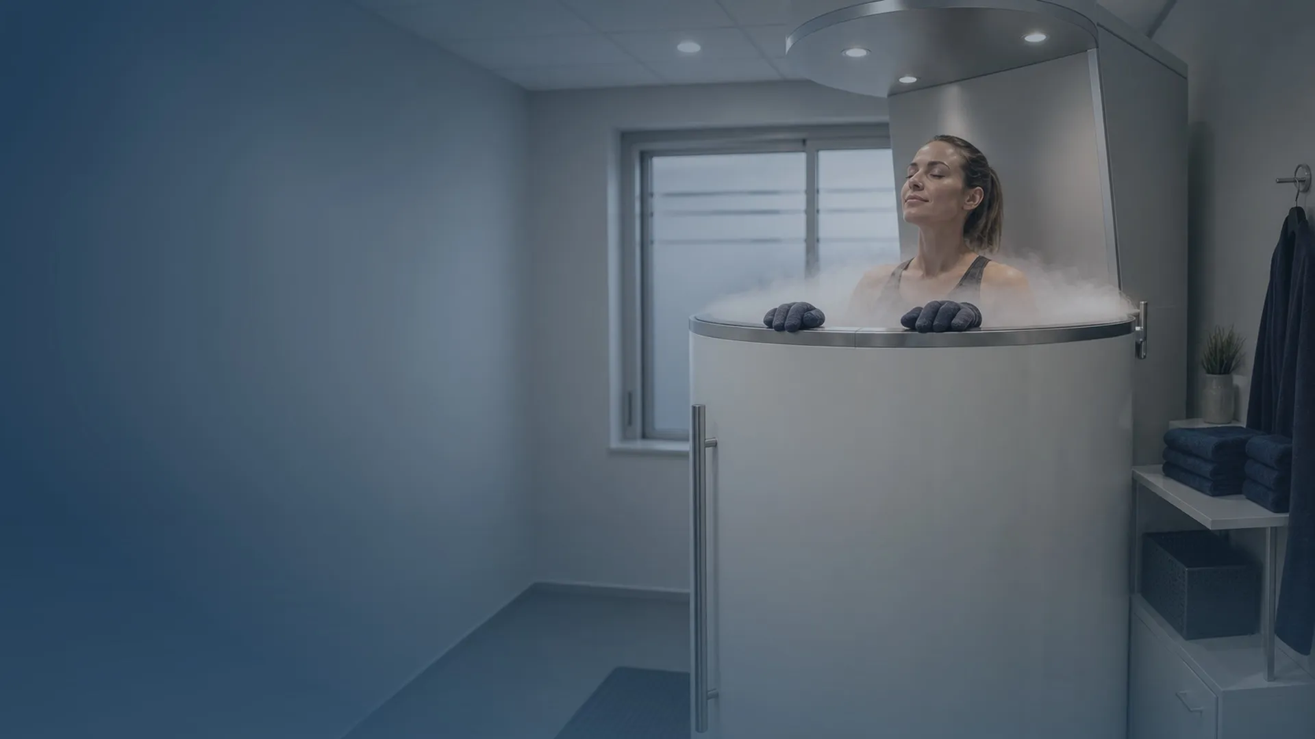 Femme en séance de cryothérapie corps entier dans une cabine, vapeur d'azote