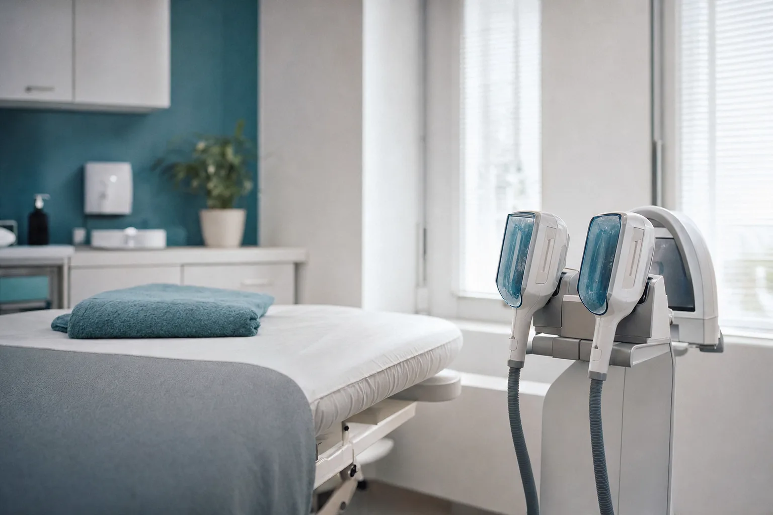 Deux applicateurs de cryolipolyse sur leur support dans un cabinet de médecine esthétique