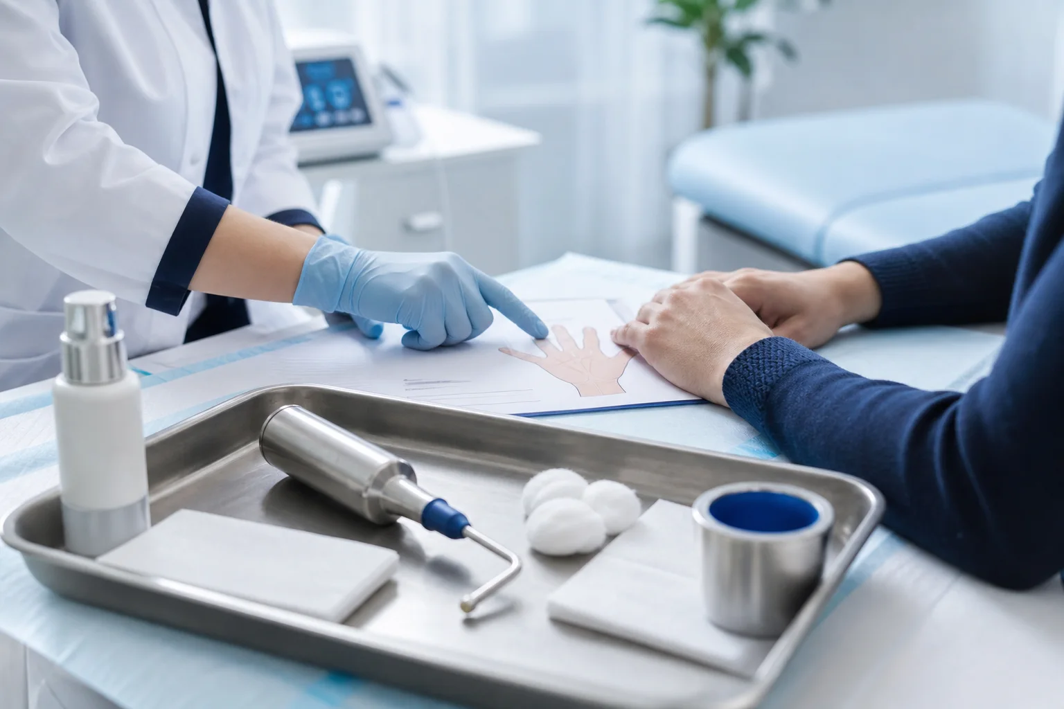 Consultation dermatologique avant un traitement de verrue à l'azote, avec applicateur et fiche explicative