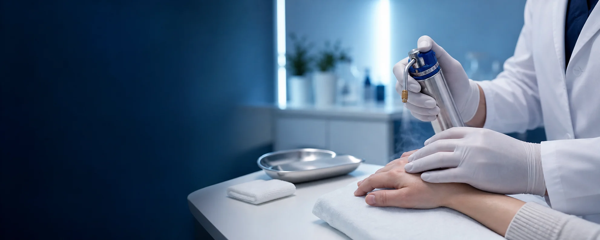 Praticien préparant un applicateur d'azote liquide près de la main d'un patient en cabinet dermatologique